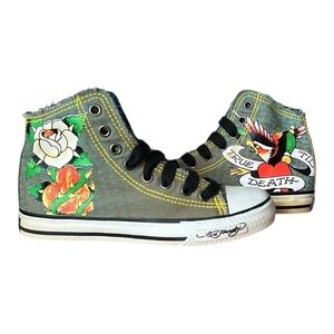ED HARDY True 'Til Death"Hi-Top Canvas Sneakers Tattoo Colorful Heart Y2K sz 3